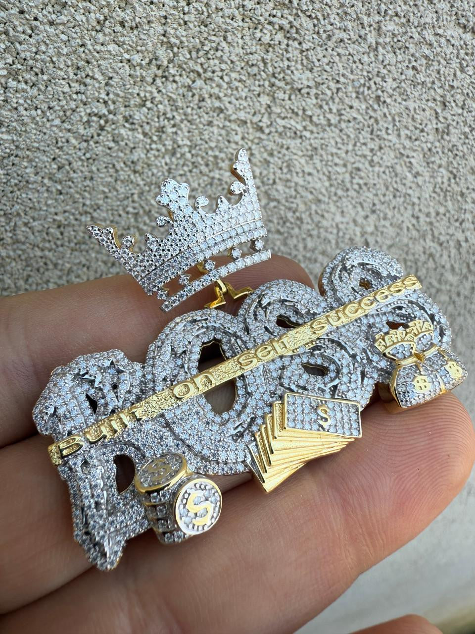 HarlemBling MOISSANITE "Built On Self Success" Iced Out BOSS Pendant - 14k Gold Vermeil or 925 Silver - Large 2.5"