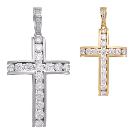 HarlemBling MOISSANITE Bust Down Channel Set Tennis Cross Pendant - 14k Gold Vermeil Or 925 Silver - Medium 2"
