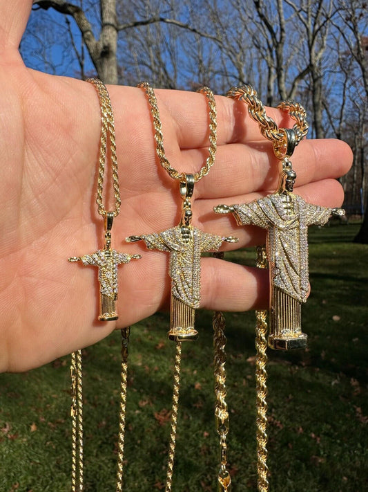HarlemBling MOISSANITE Christ The Redeemer 14k Gold Over 925 Silver Necklace Jesus Necklace