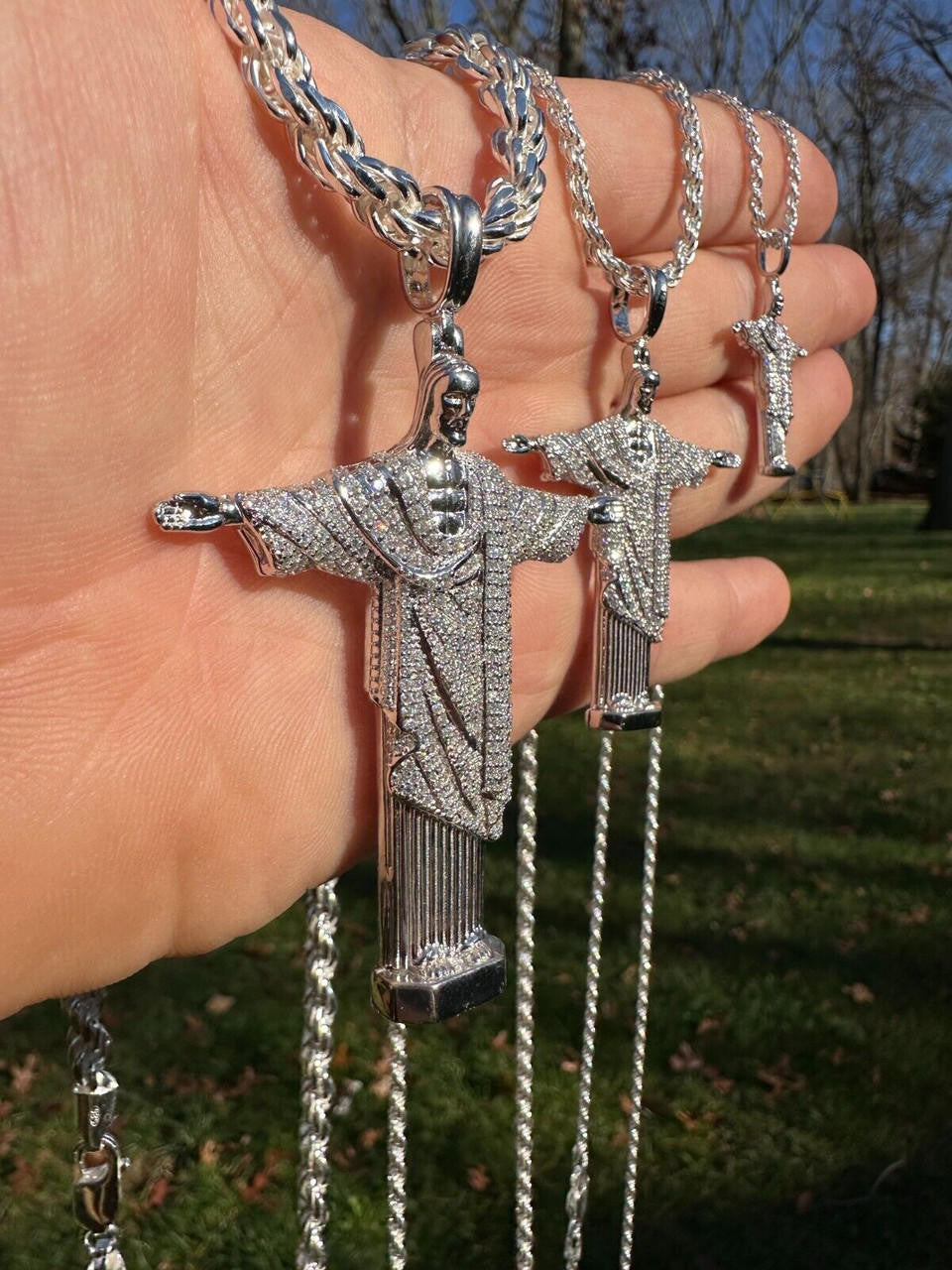 MOISSANITE Christ The Redeemer 925 Silver Necklace Jesus Iced Hip