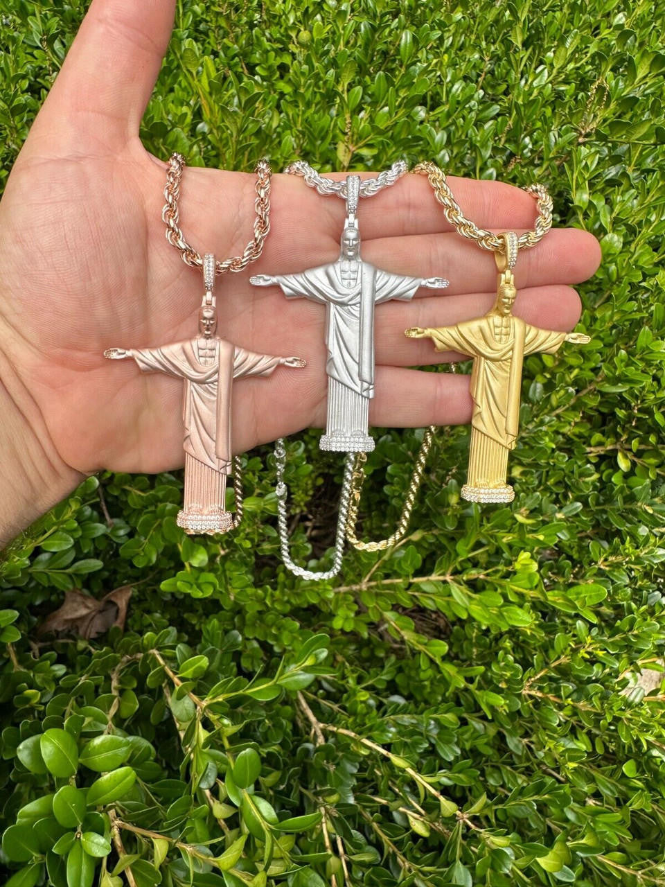 HarlemBling MOISSANITE Christ The Redeemer 925 Silver/ Yellow Rose Gold Necklace Jesus Piece