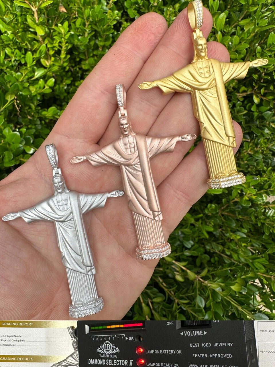 HarlemBling MOISSANITE Christ The Redeemer 925 Silver/ Yellow Rose Gold Necklace Jesus Piece