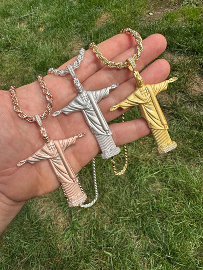 HarlemBling MOISSANITE Christ The Redeemer 925 Silver/ Yellow Rose Gold Necklace Jesus Piece