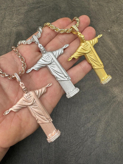 HarlemBling MOISSANITE Christ The Redeemer 925 Silver/ Yellow Rose Gold Necklace Jesus Piece