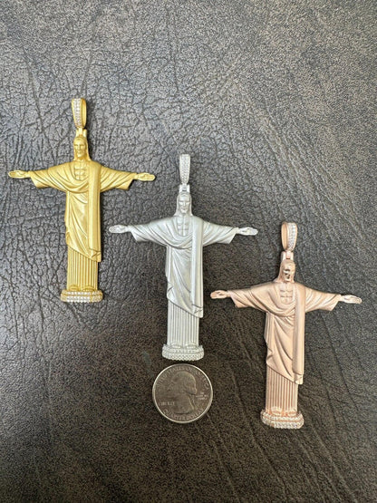 HarlemBling MOISSANITE Christ The Redeemer 925 Silver/ Yellow Rose Gold Necklace Jesus Piece