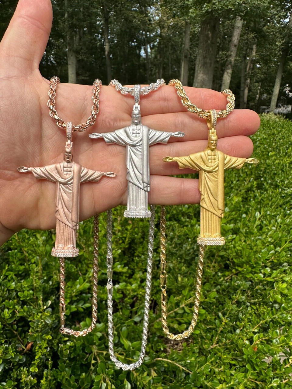 HarlemBling MOISSANITE Christ The Redeemer 925 Silver/ Yellow Rose Gold Necklace Jesus Piece