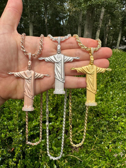 HarlemBling MOISSANITE Christ The Redeemer 925 Silver/ Yellow Rose Gold Necklace Jesus Piece