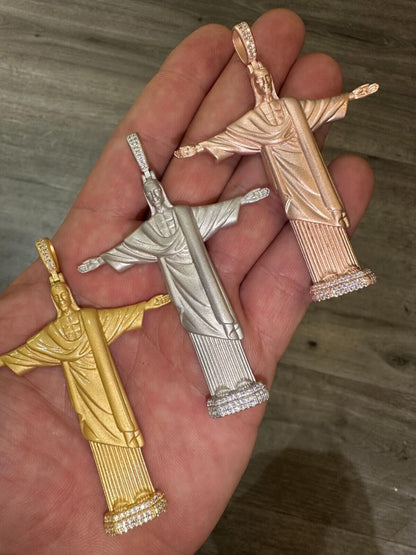 HarlemBling MOISSANITE Christ The Redeemer 925 Silver/ Yellow Rose Gold Necklace Jesus Piece