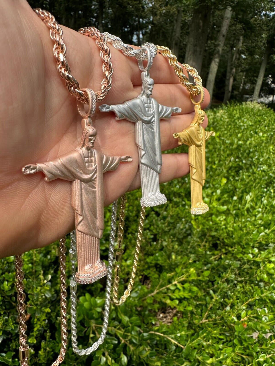 HarlemBling MOISSANITE Christ The Redeemer 925 Silver/ Yellow Rose Gold Necklace Jesus Piece