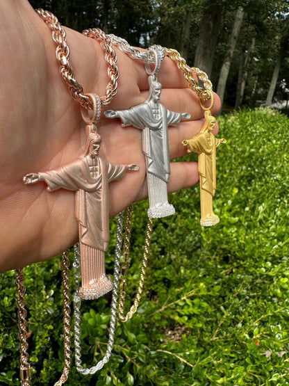 HarlemBling MOISSANITE Christ The Redeemer 925 Silver/ Yellow Rose Gold Necklace Jesus Piece