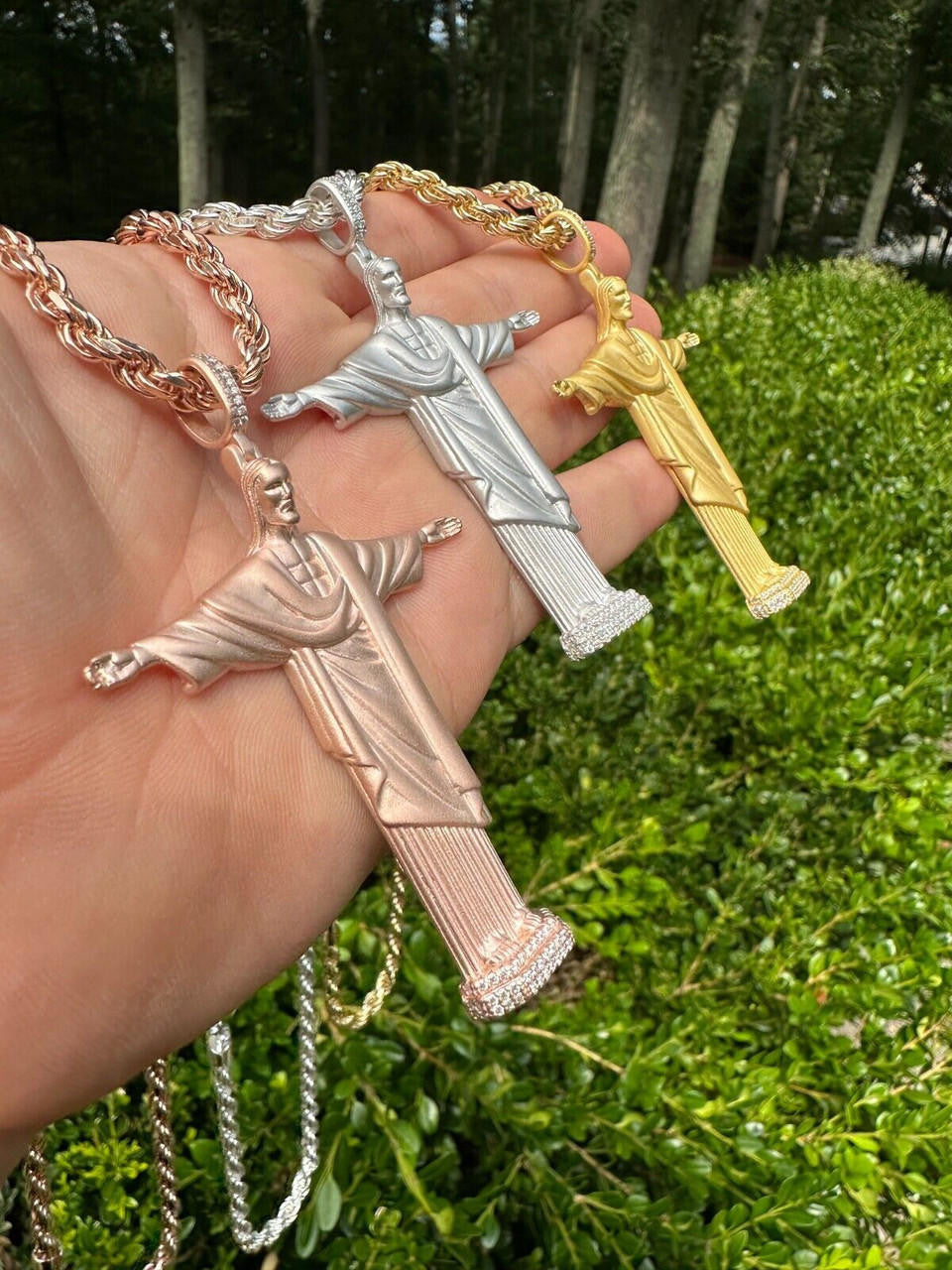 HarlemBling MOISSANITE Christ The Redeemer 925 Silver/ Yellow Rose Gold Necklace Jesus Piece