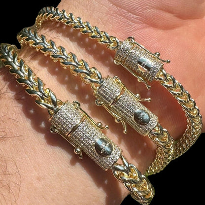 HarlemBling MOISSANITE CLASP Franco Bracelet - 14k Gold Plated Stainless Steel - 7.5"-8.5" - 4mm-6mm