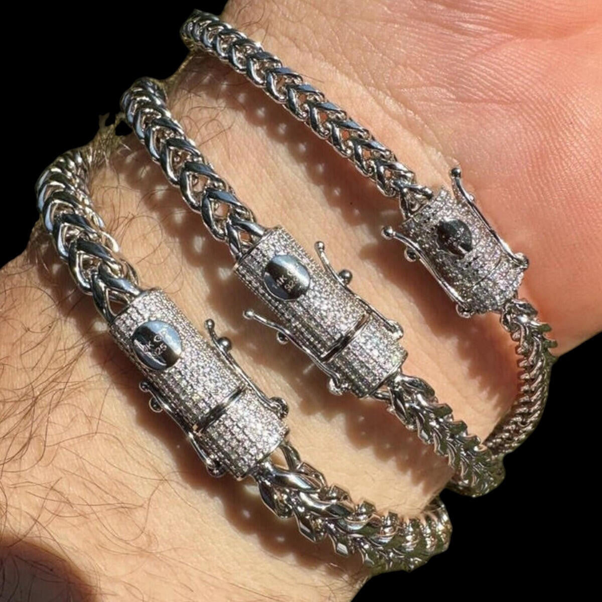 HarlemBling MOISSANITE CLASP Franco Bracelet - Stainless Steel W. 925 Silver Clasp - 7.5"-8.5" - 4mm-6mm