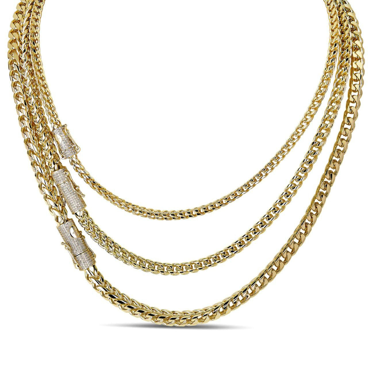 HarlemBling MOISSANITE CLASP Franco Chain Necklace - 14k Gold Plated Stainless Steel - 18"-30" - 4mm-6mm