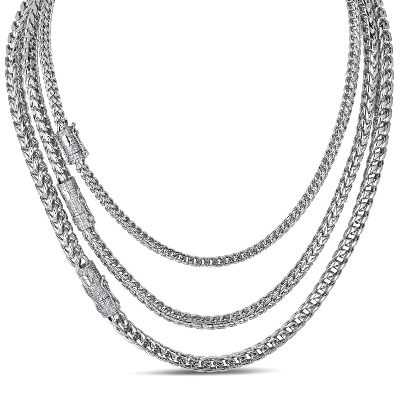 HarlemBling MOISSANITE CLASP Franco Chain Necklace - Stainless Steel W. 925 Silver Clasp - 18"-30" - 4mm-6mm