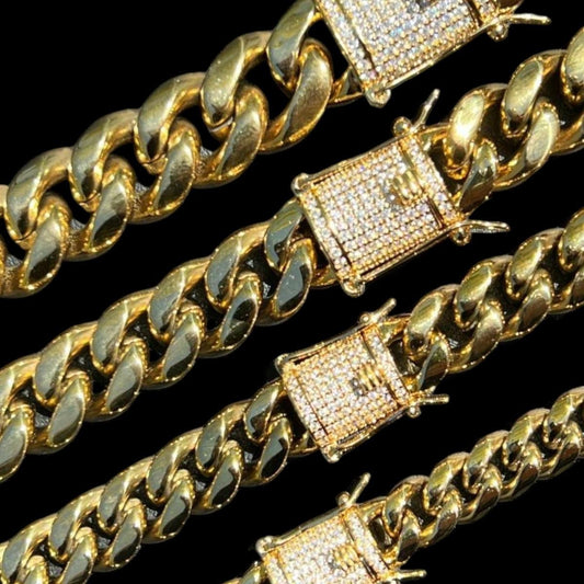 HarlemBling MOISSANITE CLASP Miami Cuban Link Chain Necklace - 14k Yellow Gold Plated Stainless Steel - 16"-30" - 8mm-14mm