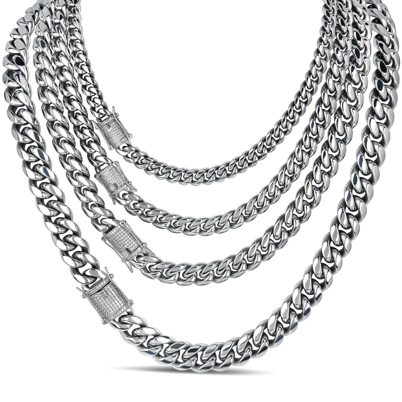 HarlemBling MOISSANITE CLASP Miami Cuban Link Chain Necklace - Stainless Steel W. 925 Silver Clasp - 16"-30" - 8mm-14mm