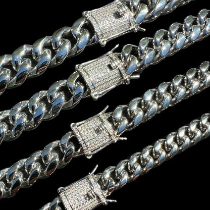 HarlemBling MOISSANITE CLASP Miami Cuban Link Chain Necklace - Stainless Steel W. 925 Silver Clasp - 16"-30" - 8mm-14mm