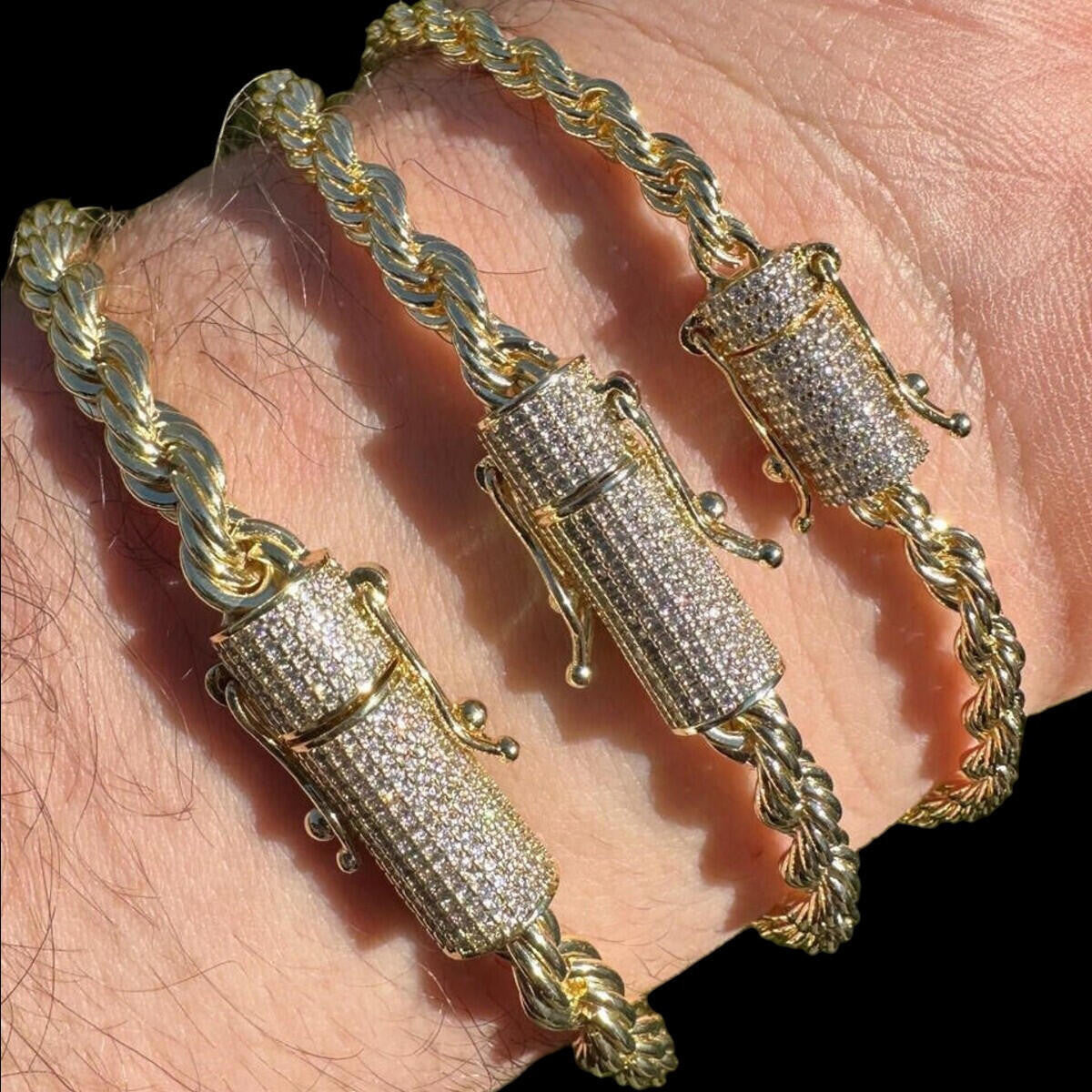 HarlemBling MOISSANITE CLASP Rope Bracelet - 14k Gold Plated Stainless Steel - 7.5"-8.5" - 4mm-6mm