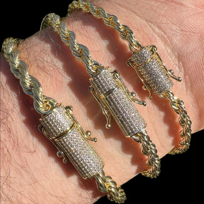 HarlemBling MOISSANITE CLASP Rope Bracelet - 14k Gold Plated Stainless Steel - 7.5"-8.5" - 4mm-6mm