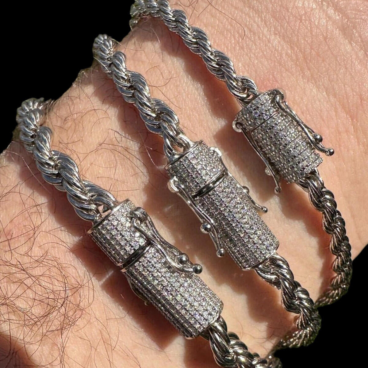 Iced MOISSANITE Clasp 925 Silver & Stainless Rope Bracelet 4-6mm