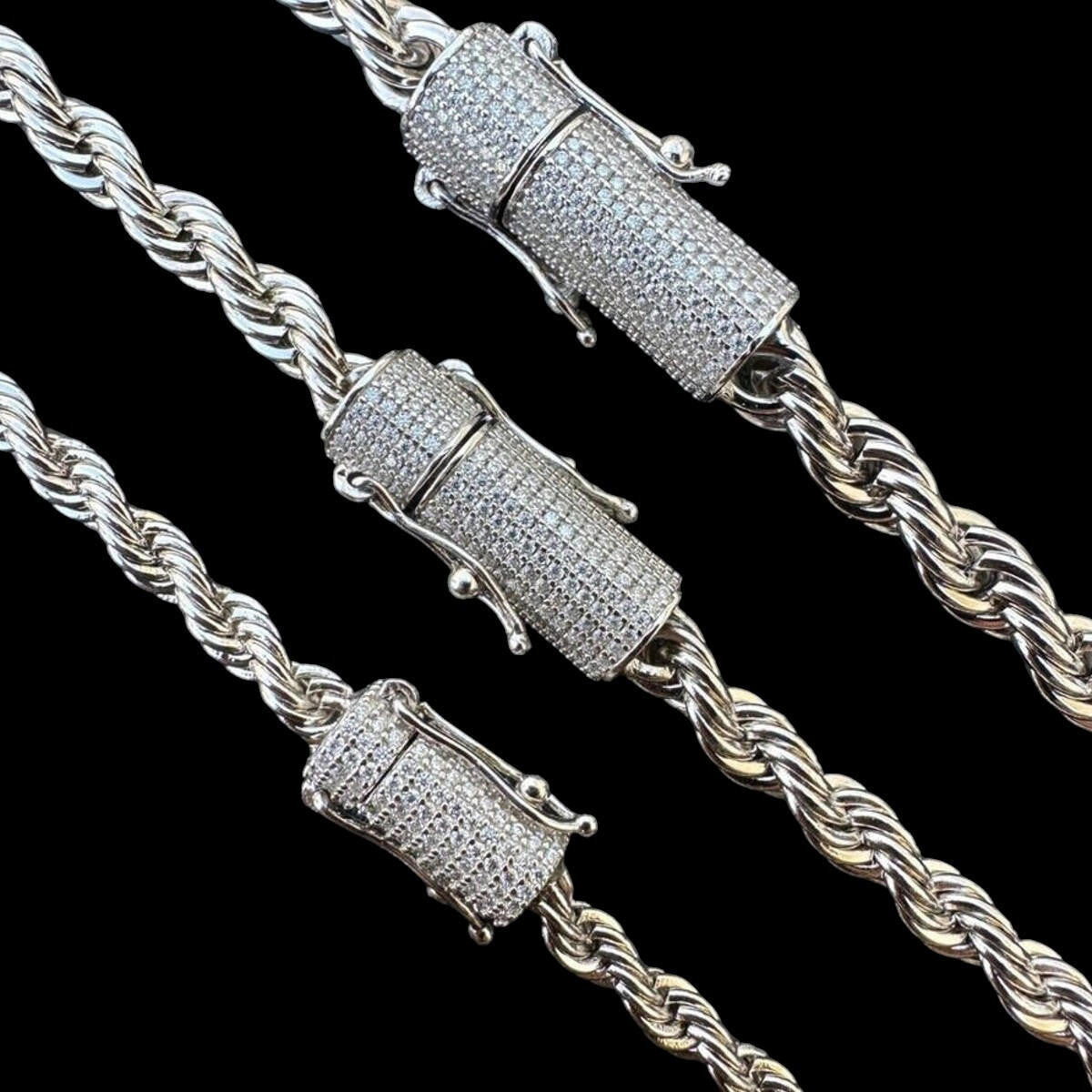 HarlemBling MOISSANITE CLASP Rope Chain Necklace - Stainless Steel W. 925 Silver Clasp - 18"-30" - 4mm-6mm
