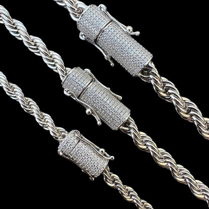 HarlemBling MOISSANITE CLASP Rope Chain Necklace - Stainless Steel W. 925 Silver Clasp - 18"-30" - 4mm-6mm