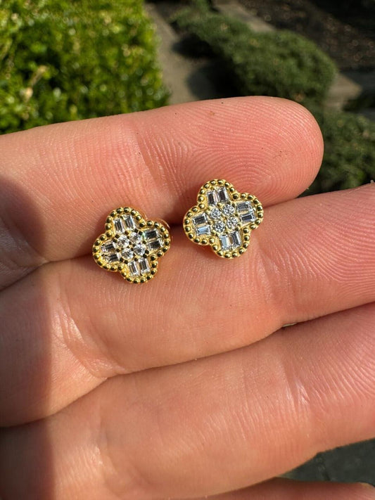 HarlemBling MOISSANITE Classic Clover Iced Out Earrings - 14k Gold Vermeil 925 Silver - 10mm