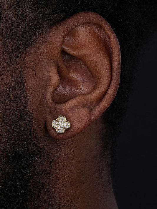 HarlemBling MOISSANITE Clover Fashionista Iced Out Earrings - 14k Gold Vermeil 925 Silver - 10mm