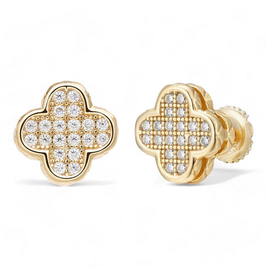 HarlemBling MOISSANITE Clover Fashionista Iced Out Earrings - 14k Gold Vermeil 925 Silver - 10mm