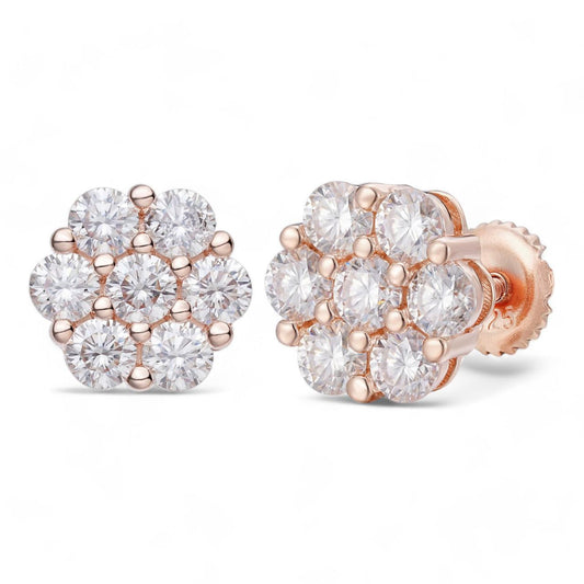 HarlemBling MOISSANITE Cluster Iced Out Honeycomb Set Earrings - 14k Rose Gold Vermeil 925 Silver - 6mm -11mm