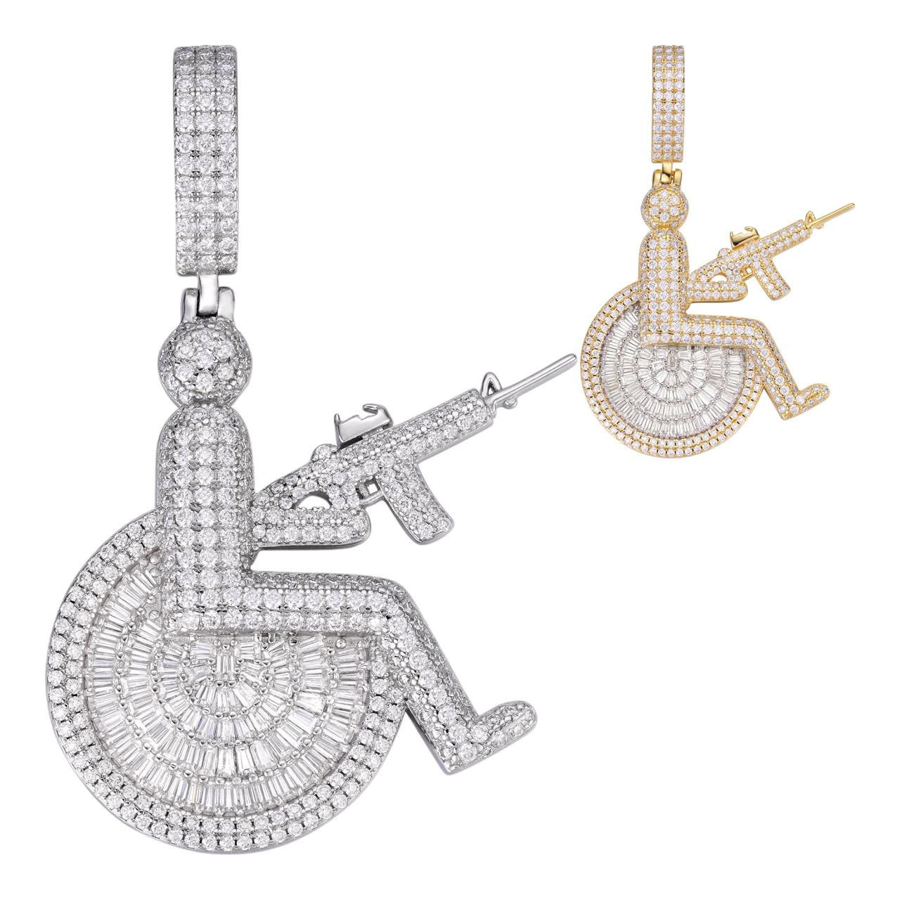 HarlemBling MOISSANITE Crippled Man In Wheelchair & AK47 Gun Pendant - 14k Gold Vermeil Or 925 Silver - Medium 2.25"