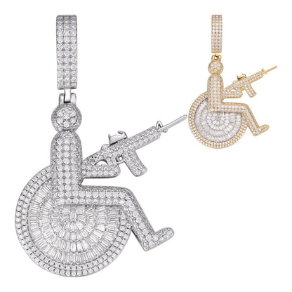 HarlemBling MOISSANITE Crippled Man In Wheelchair & AK47 Gun Pendant - 14k Gold Vermeil Or 925 Silver - Medium 2.25"