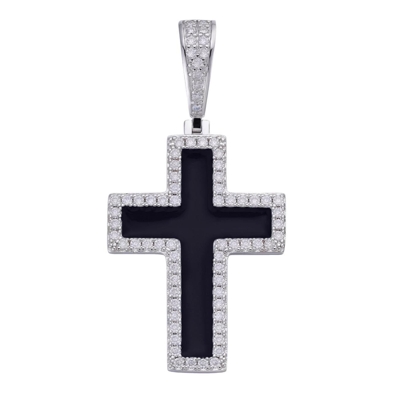 HarlemBling MOISSANITE Cross Black Enamel Pendant - 925 Silver - 3 Sizes - 1.25"-2.75"