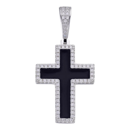 HarlemBling MOISSANITE Cross Black Enamel Pendant - 925 Silver - 3 Sizes - 1.25"-2.75"