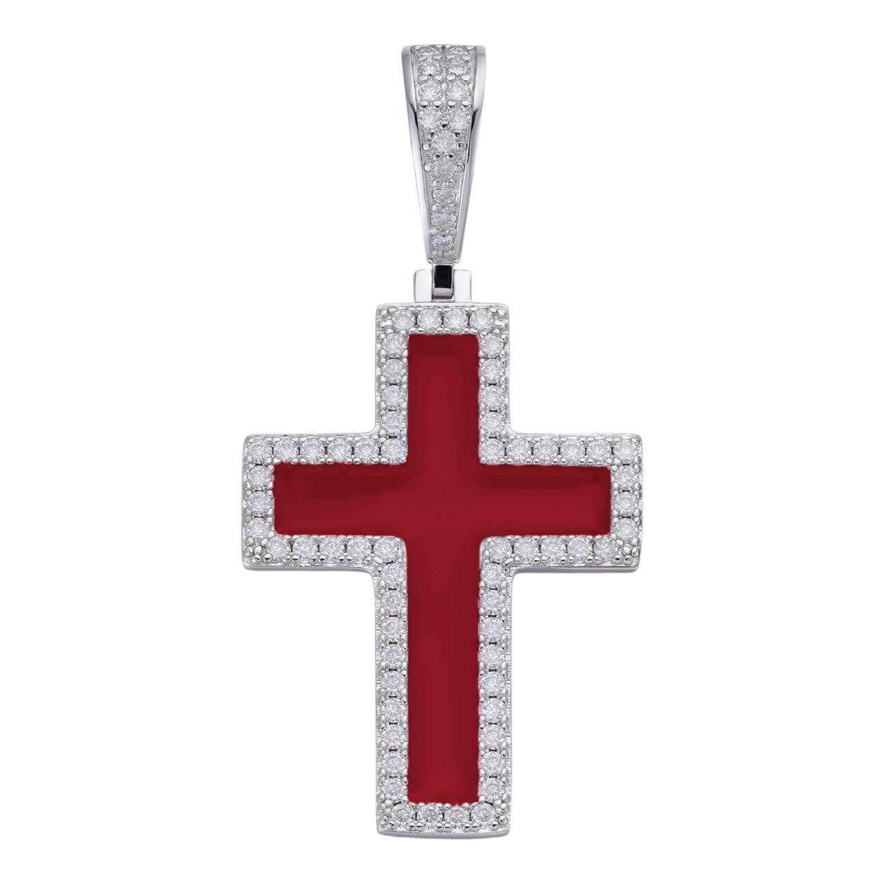HarlemBling MOISSANITE Cross Blood Red Enamel Enamel Pendant - 925 Silver - 3 Sizes - 1.25"-2.75"