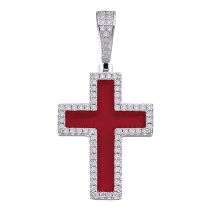 HarlemBling MOISSANITE Cross Blood Red Enamel Enamel Pendant - 925 Silver - 3 Sizes - 1.25"-2.75"