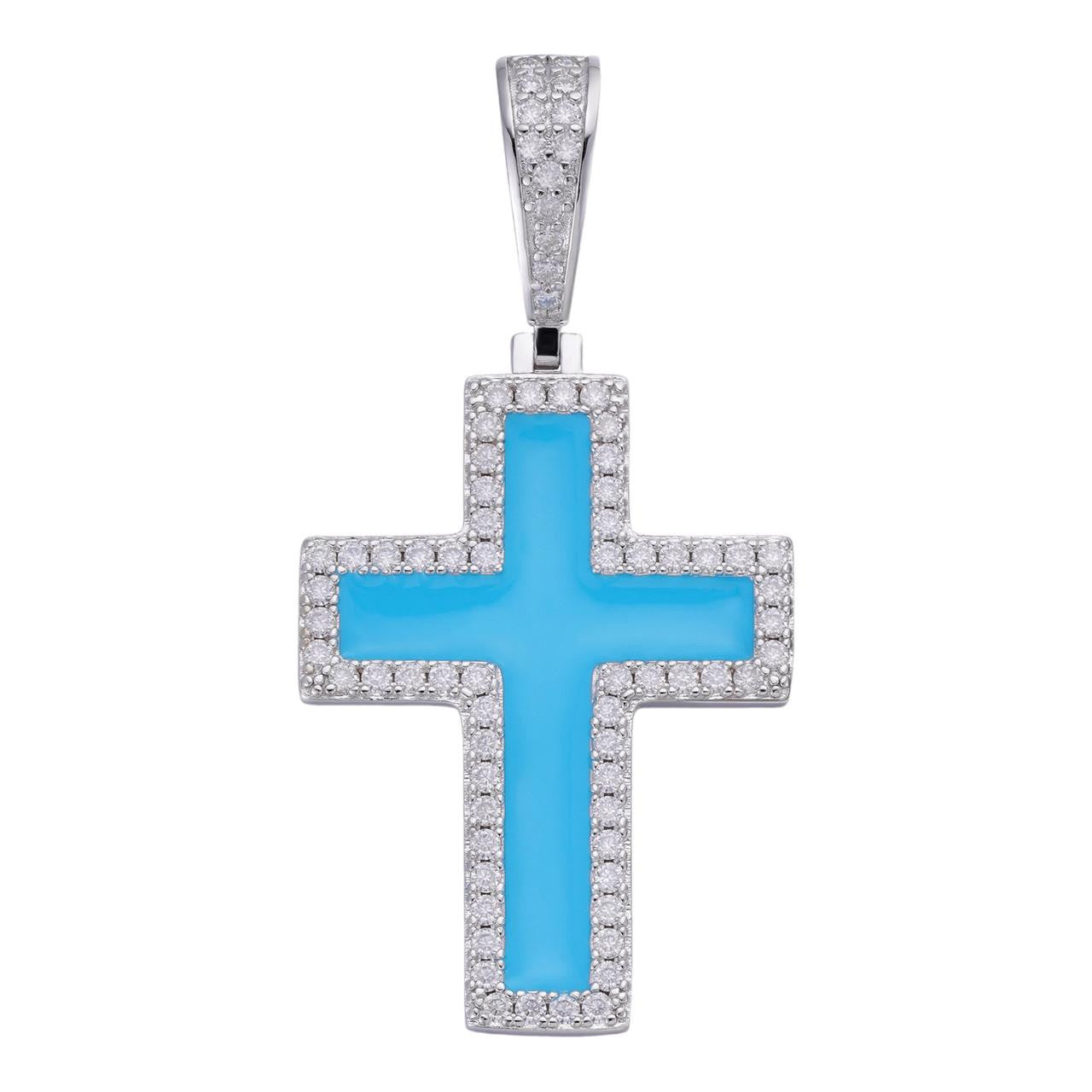 HarlemBling MOISSANITE Cross Light Blue Enamel Pendant - 925 Silver - 3 Sizes - 1.25"-2.75"