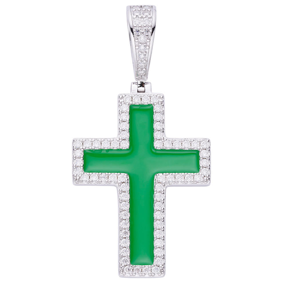 HarlemBling MOISSANITE Cross Pendant Iced Necklace Green Enamel Real 925 Silver - 3 Sizes