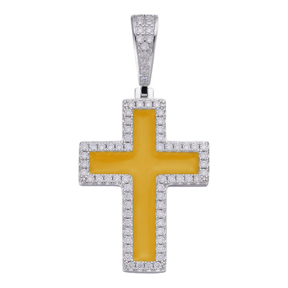 HarlemBling MOISSANITE Cross Yellow Enamel Pendant - 925 Silver - 3 Sizes - 1.25"-2.75"