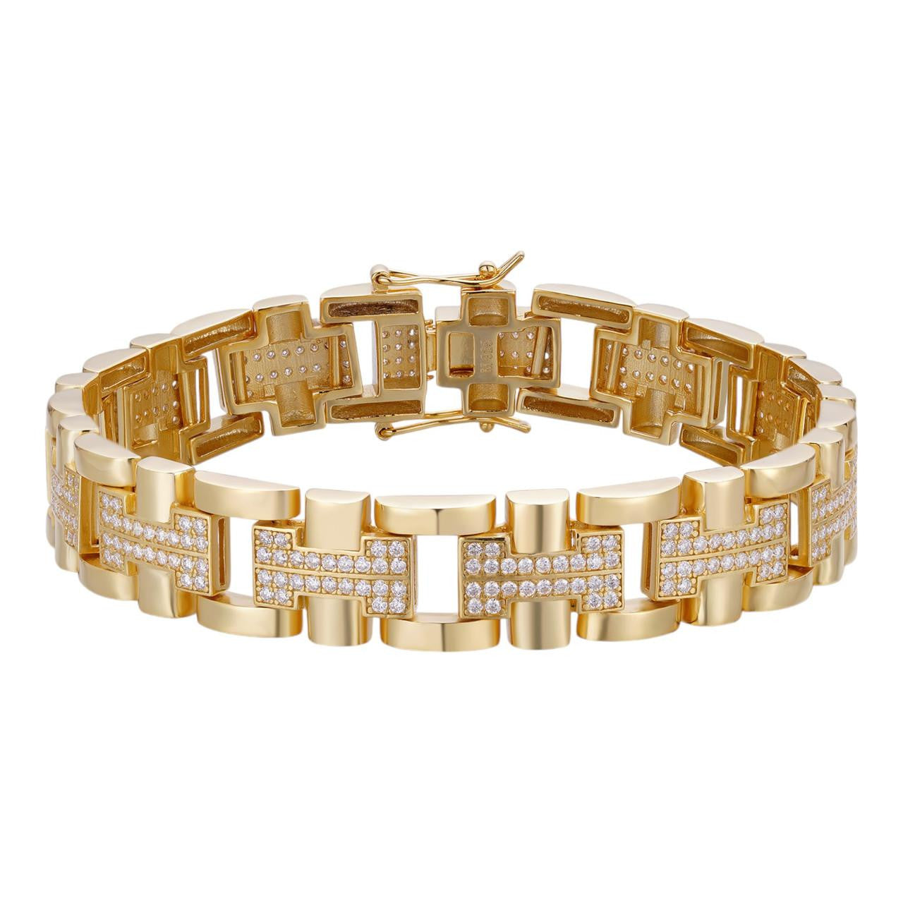HarlemBling MOISSANITE Custom Hermes Presidential Link Bracelet Iced Out - 14k Gold Vermeil 925 Silver - 12mm - 7.5"-8.5"