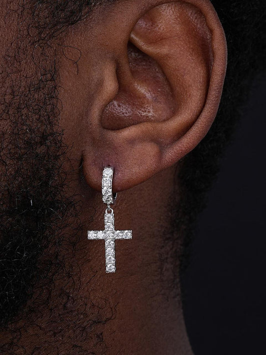 HarlemBling MOISSANITE Dangling Cross Iced Out Earrings Dangle Hoop - 925 Silver