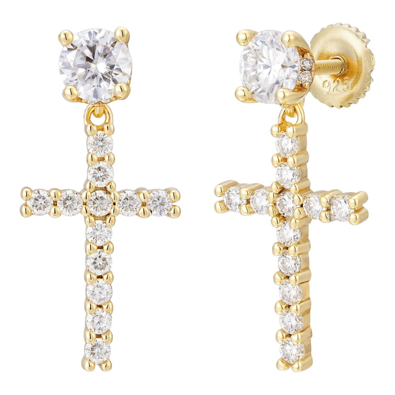 HarlemBling MOISSANITE Dangling Cross Out Earrings W. Solitaire Stud - 14k Gold Vermeil 925 Silver