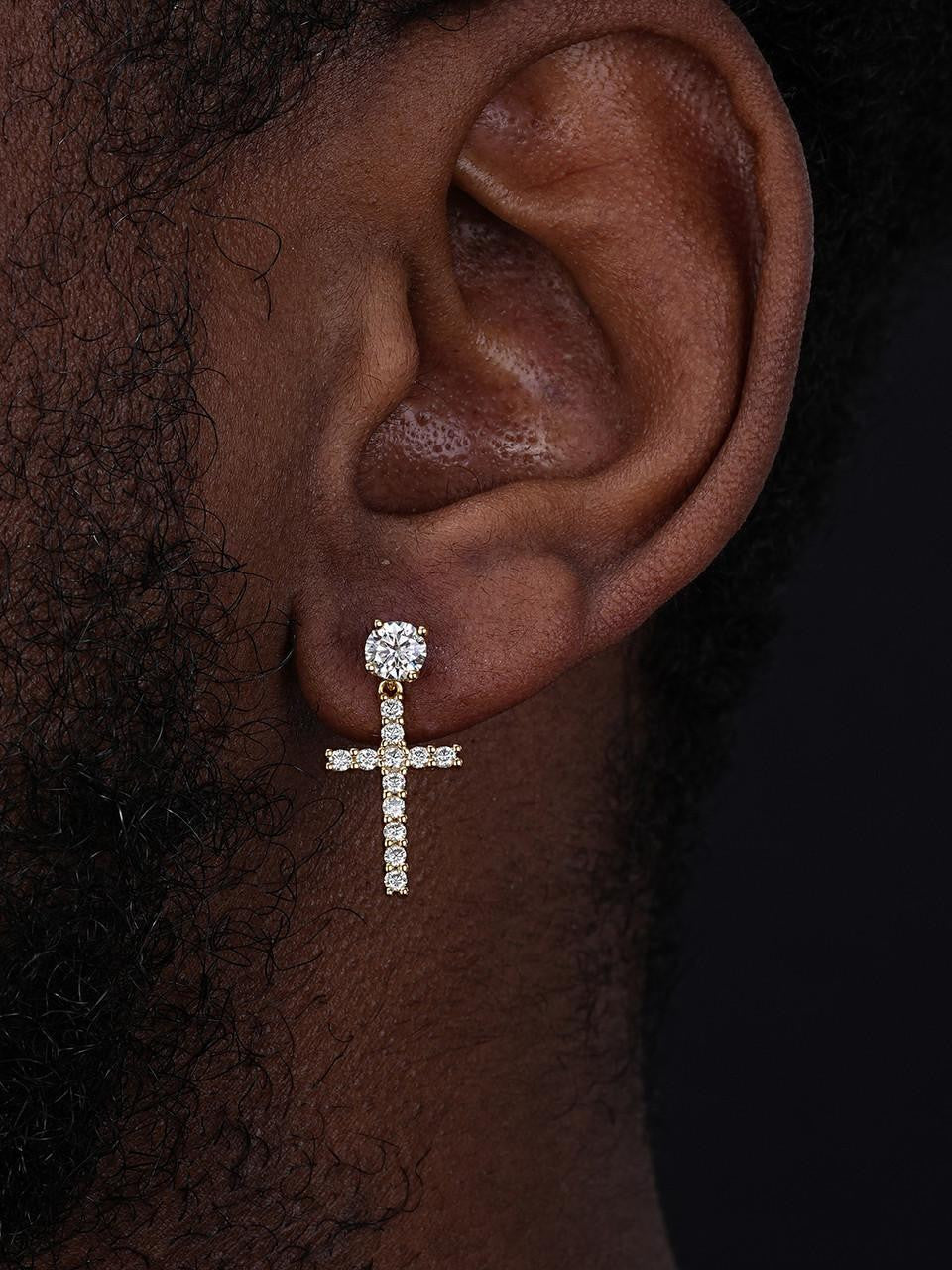 HarlemBling MOISSANITE Dangling Cross Out Earrings W. Solitaire Stud - 14k Gold Vermeil 925 Silver