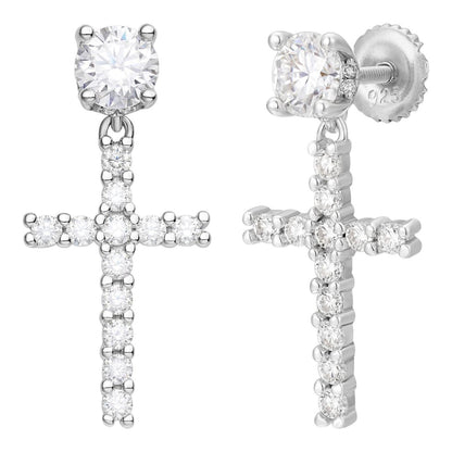HarlemBling MOISSANITE Dangling Cross Out Earrings W. Solitaire Stud - 925 Silver