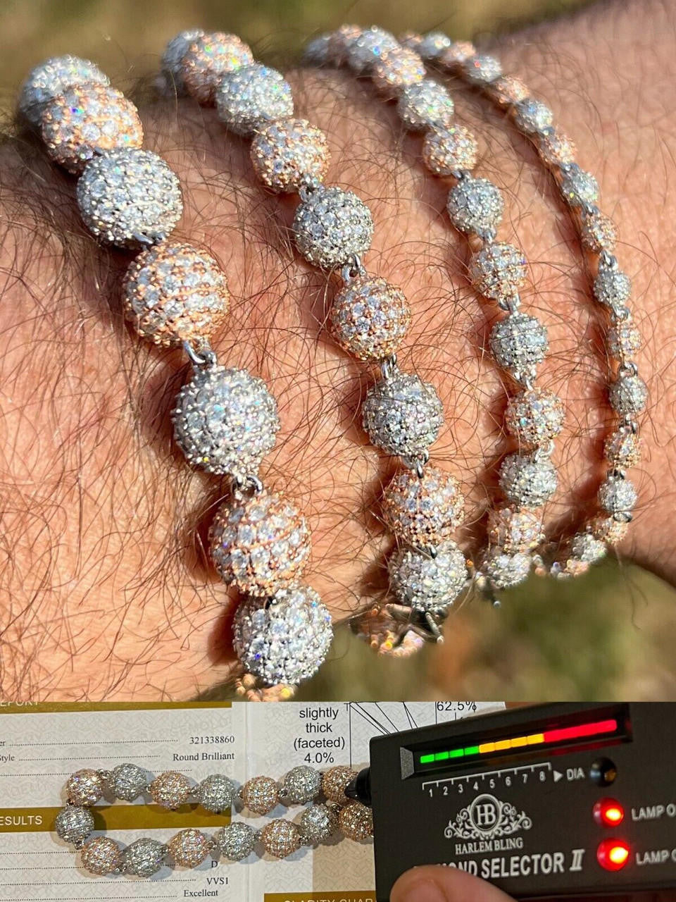 HarlemBling Moissanite Disco Moon Ball Bracelet 925 Silver & 14k Rose Gold Pass Diamond Test