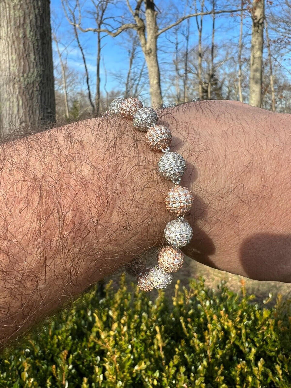 HarlemBling Moissanite Disco Moon Ball Bracelet 925 Silver & 14k Rose Gold Pass Diamond Test