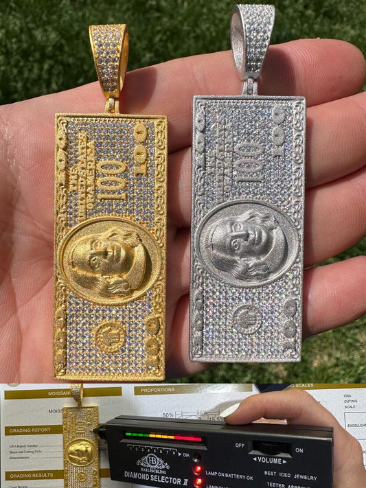 HarlemBling Moissanite $100 Dollar Bill 925 Silver/Gold Plated Iced Hip Hop Pendant Necklace