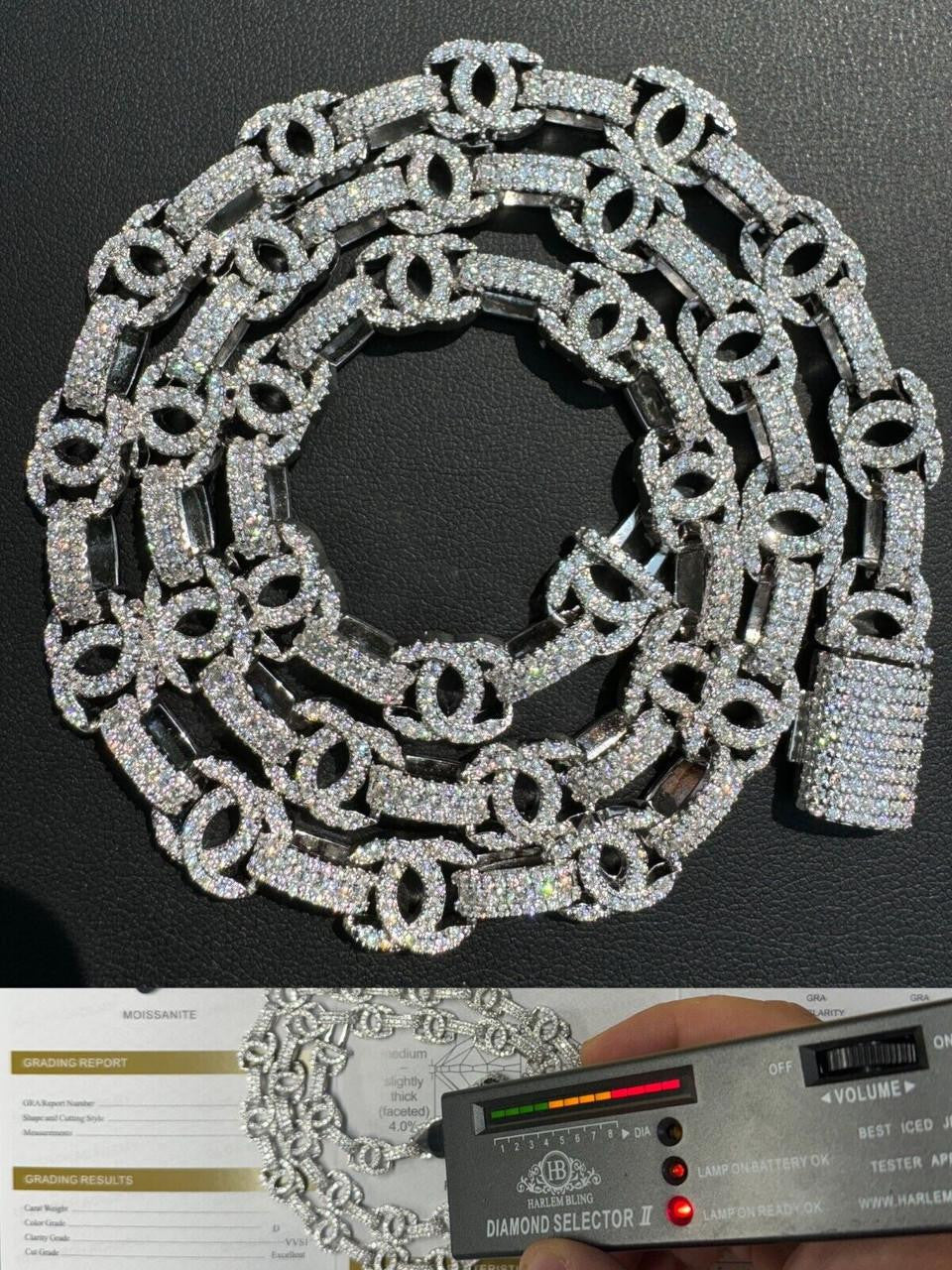 HarlemBling MOISSANITE Double C Custom Link Chain Necklace Iced Out - 925 Silver - 10mm - 16"-28"