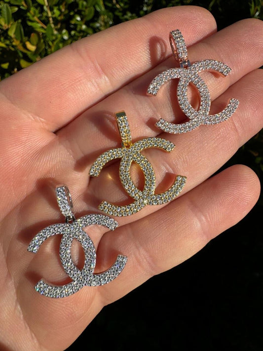 HarlemBling MOISSANITE Double C Fashionista Iced Out Pendant - 14k Yellow/Rose Gold Vermeil Or 925 Silver - Small 1"